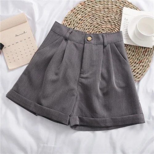 Comfortable Elegant Wide-Leg Shorts Women Winter Leisure High Waist Mini Trousers Button Folds Korean Style Chic Trendy Simple