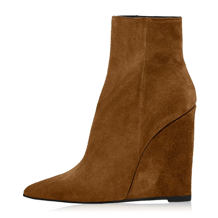 Brown Vegan Suede Pointy Toe 4 Inch Heel Side-Zip Wedge Boots |FSJ Shoes