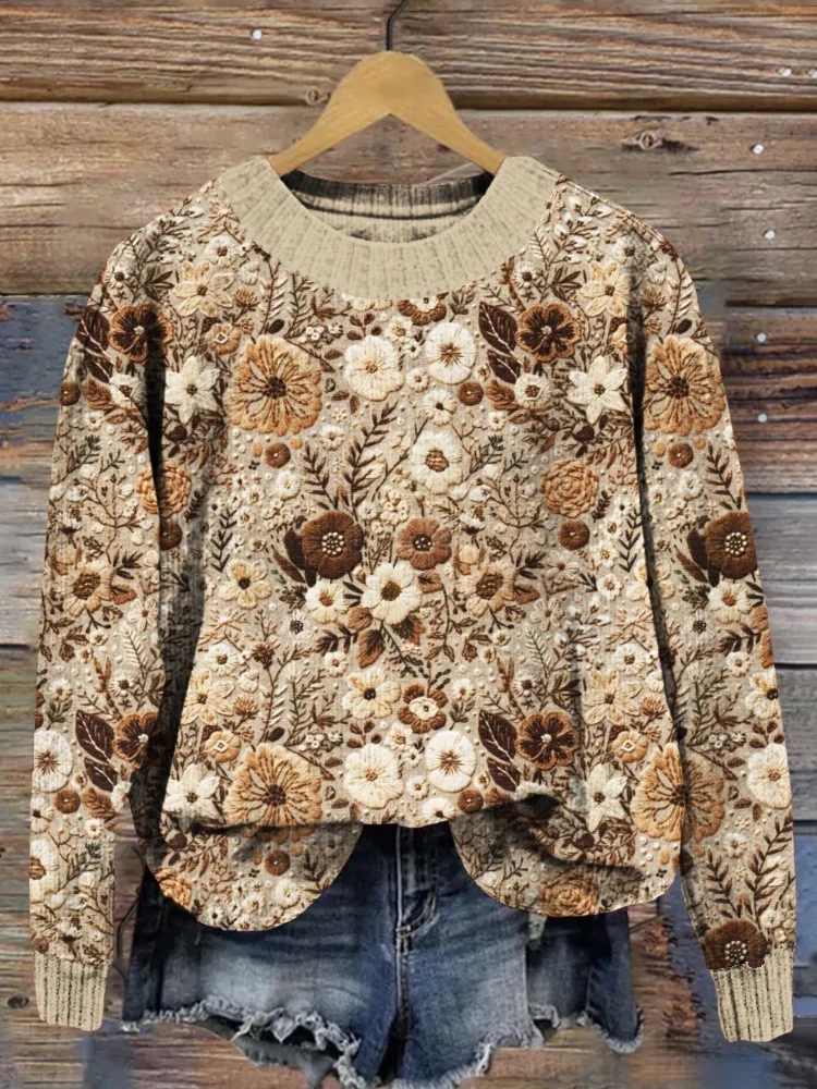 Embroidered Floral Art Comfy Knit Sweater