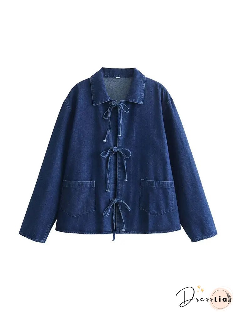 Women Fashion Lapel Collar Lace Up Blouses Female Casual Long Sleeves With Pockets Solid Denim Outerwear