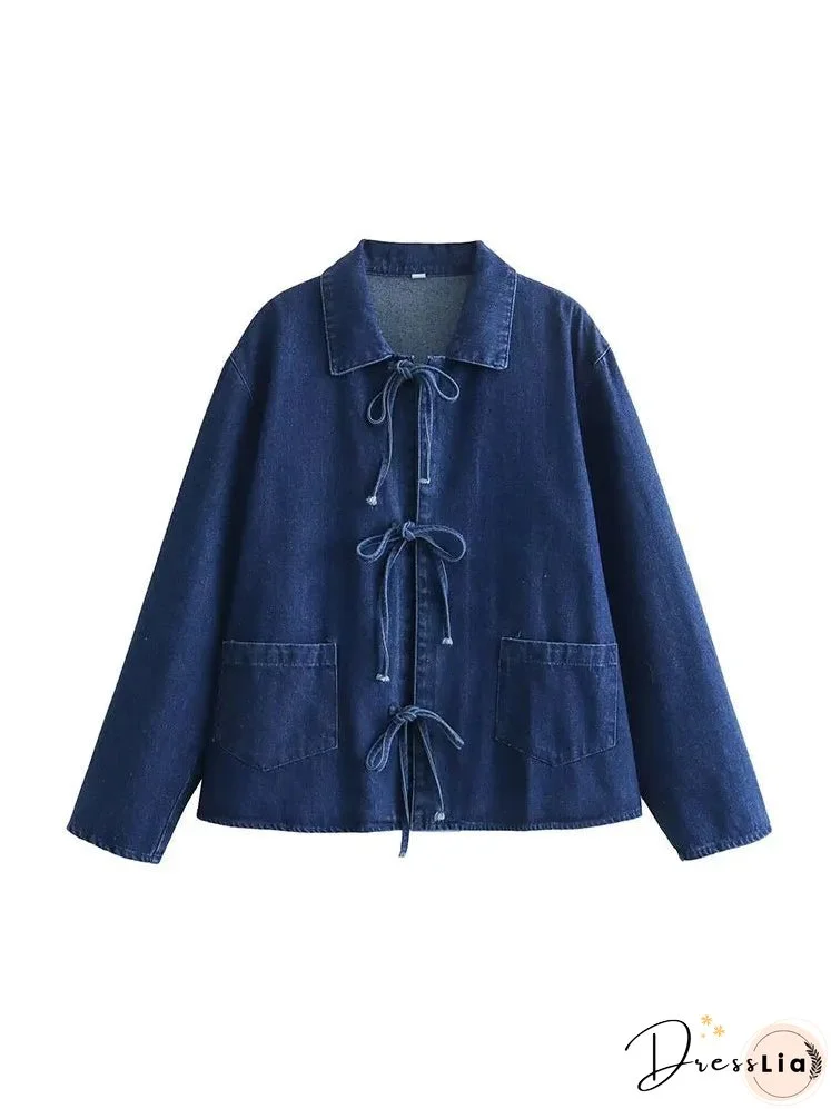 Women Fashion Lapel Collar Lace Up Blouses Female Casual Long Sleeves With Pockets Solid Denim Outerwear