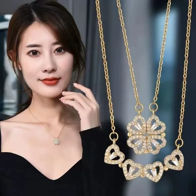 Folded four-leaf clover, zircon, gold-plated necklace.