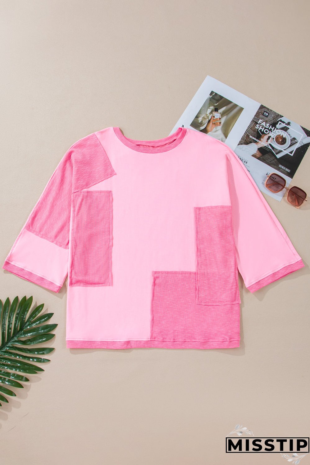 Bonbon Oversized Patched High Low Bracelet Sleeve Plus Size T Shirt