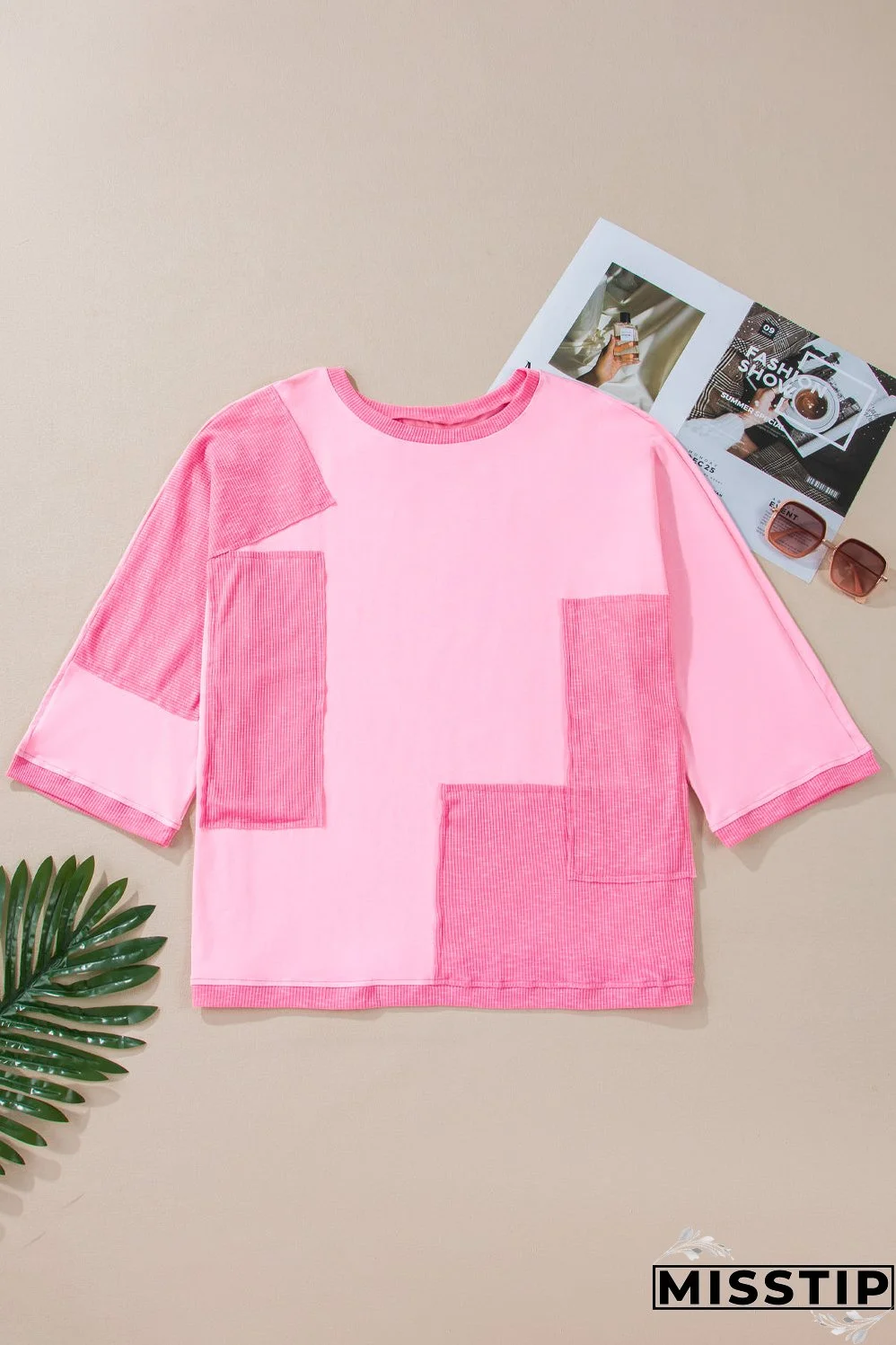 Bonbon Oversized Patched High Low Bracelet Sleeve Plus Size T Shirt