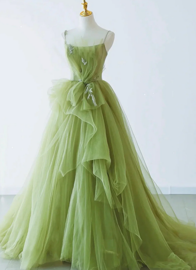 light green tulle puff long prom dresses,fashion ball gown evening dresses