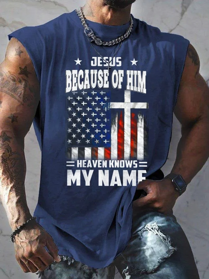 Men's Jesus Because Of Him Heaven Knows My Name Print Tank Top