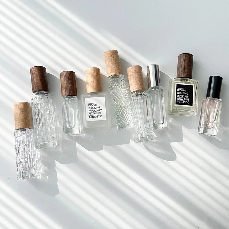 Perfume Sub-bottle High-end Portable 10 Ml Small Sample Bottle Press Bottle Glass Spray Replacement Bottle Wooden Lid Empty Bottle