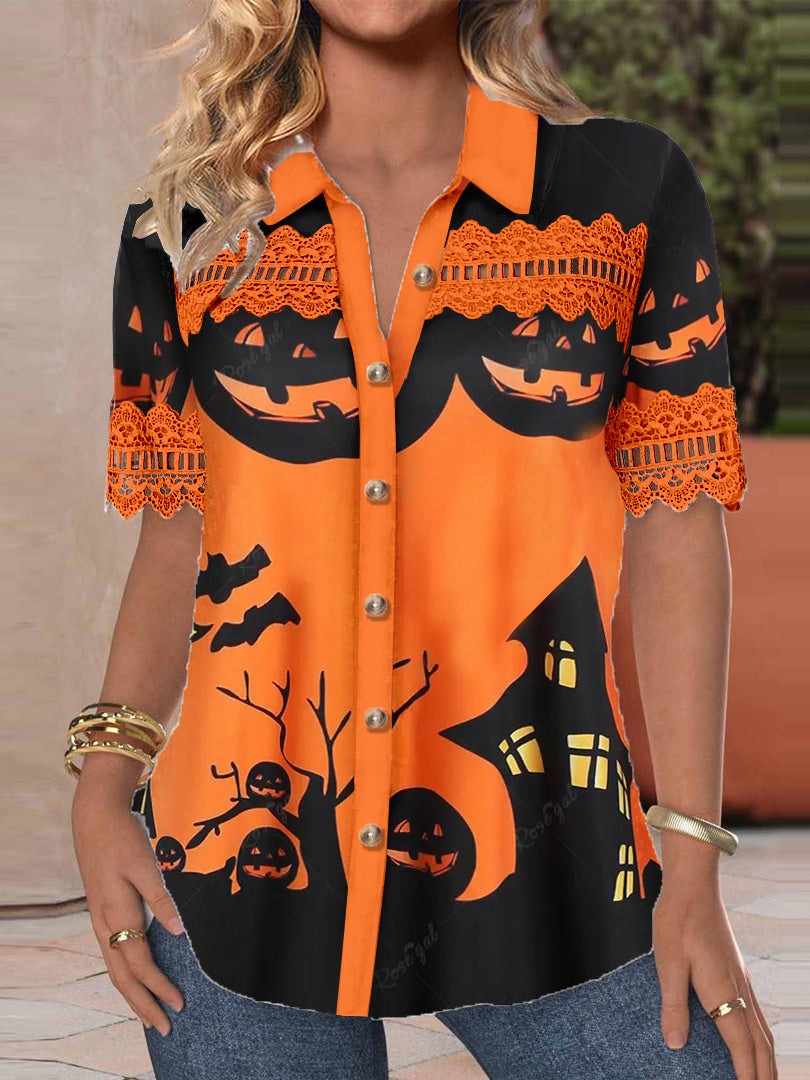 Women's Short Sleeve V-neck Lace Stitching Graphic Hollow Buttons Top