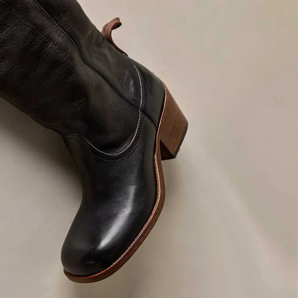 Black Square Toe Studded Mid Block Heel Long Boots for Women