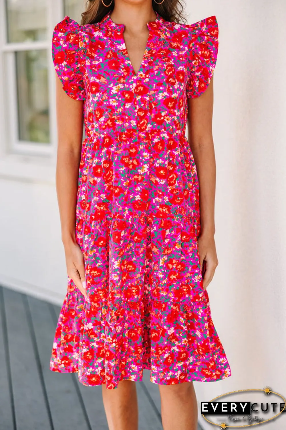 Red Boho Floral Flutter Sleeve Tiered Ruffled Dress