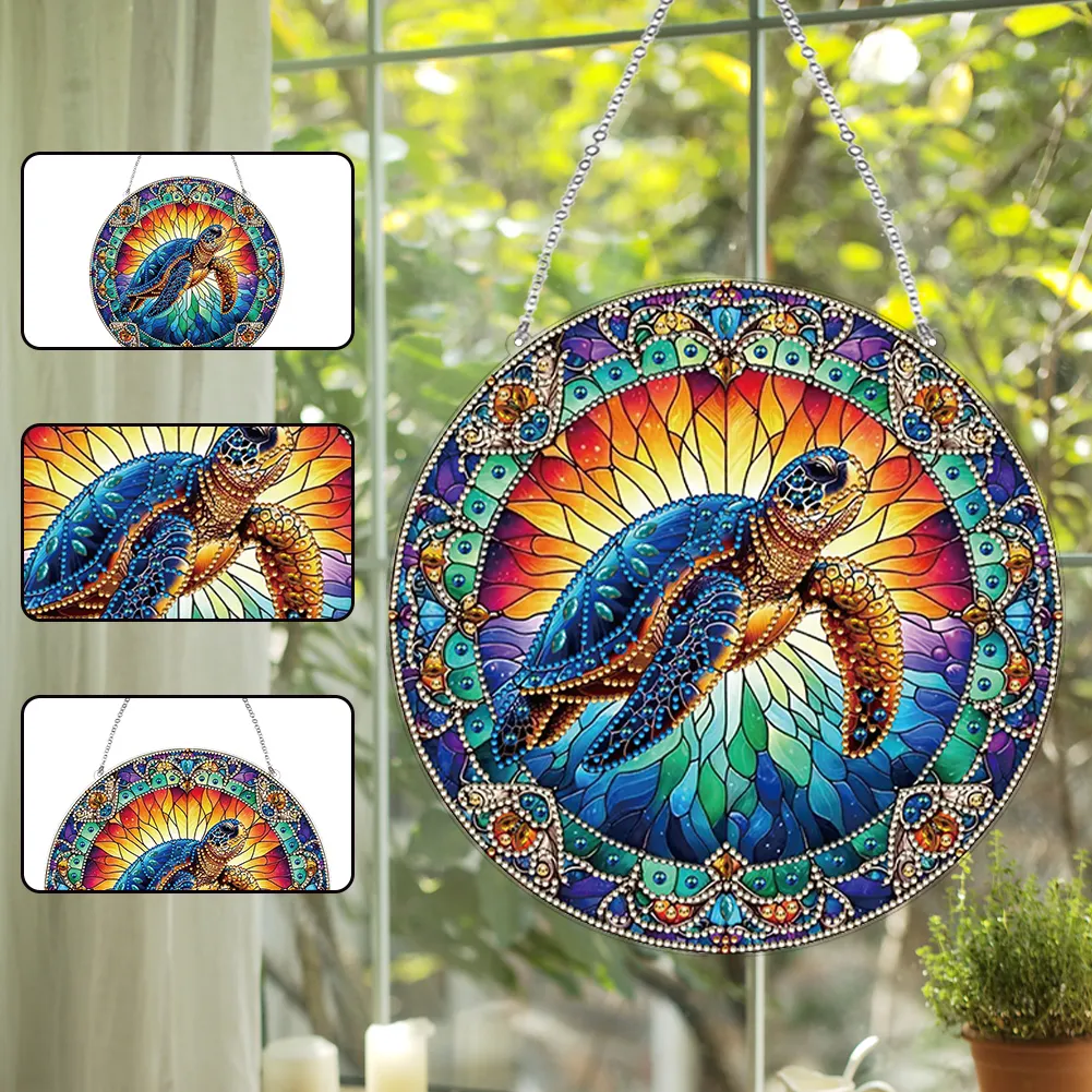 2D Flat DIY Stained Glass Turtle Suncatcher Diamond Painting Art Pendant