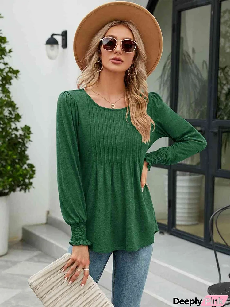 Smocked Round Neck Lantern Sleeve Blouse