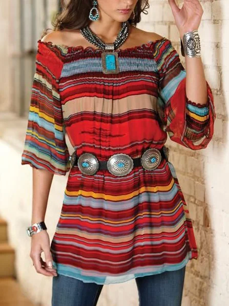 Casual Off Shoulder Stripe Print Western Tops