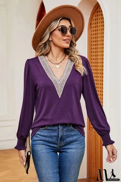 MidiSono - Lace Detail V-Neck Lantern Sleeve T-Shirt