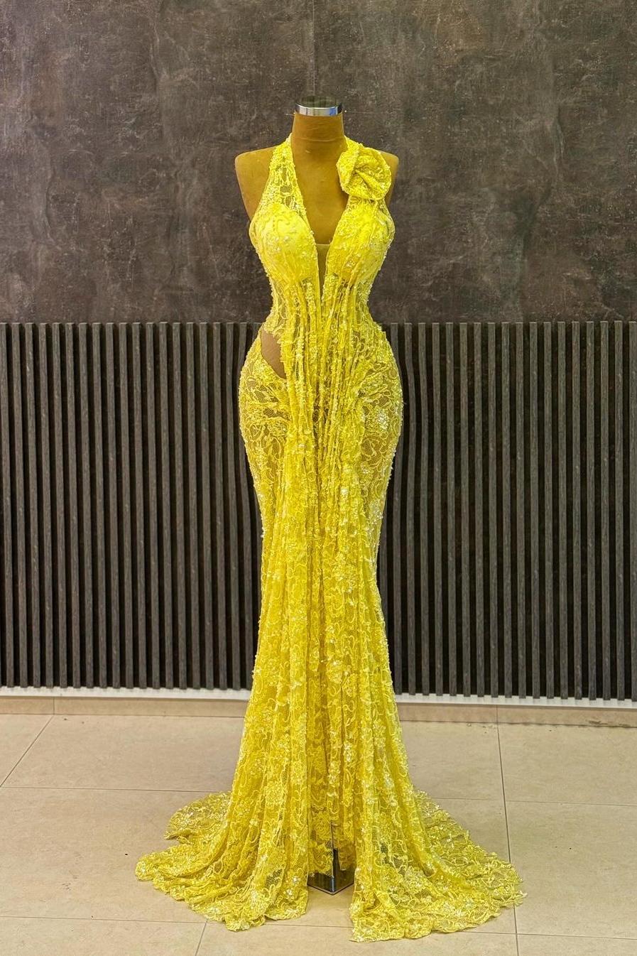 Lvs&Broner Yellow Lace Halter Neck Sleeveless Mermaid Long Prom Dress With Ruffles