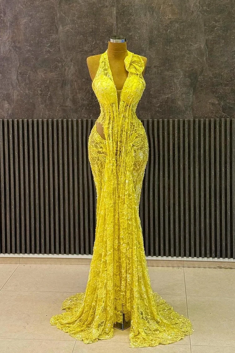 Hellodresses Yellow Lace Halter Neck Sleeveless Mermaid Long Prom Dress With Ruffles