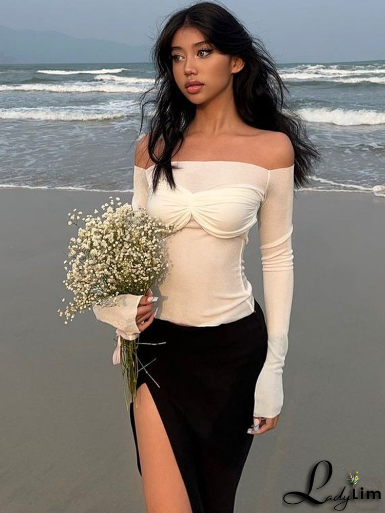 sexy thin one-line collar T-shirt top