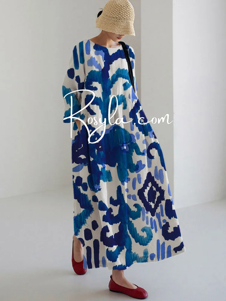 Women's Vintage Art Flory Print Long Sleeve Midi Dress