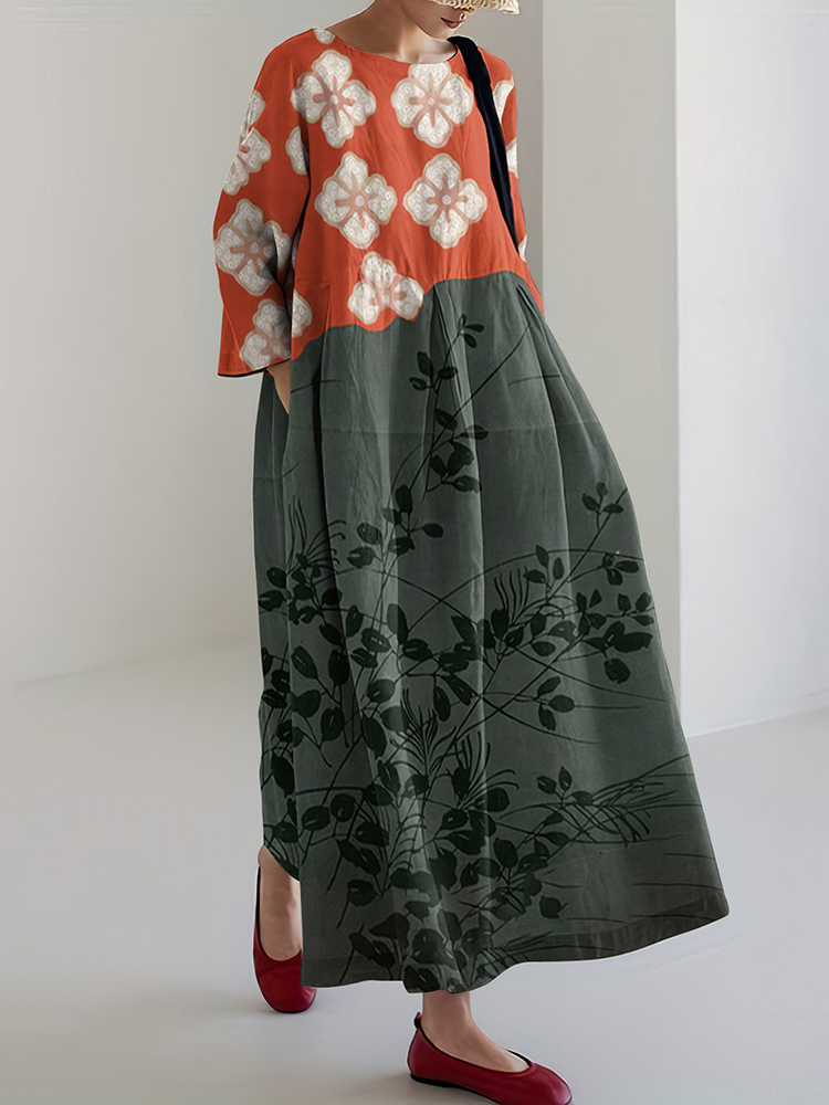 Comstylish Japanese Art Flower Print Crew Neck Loose Midi Dress