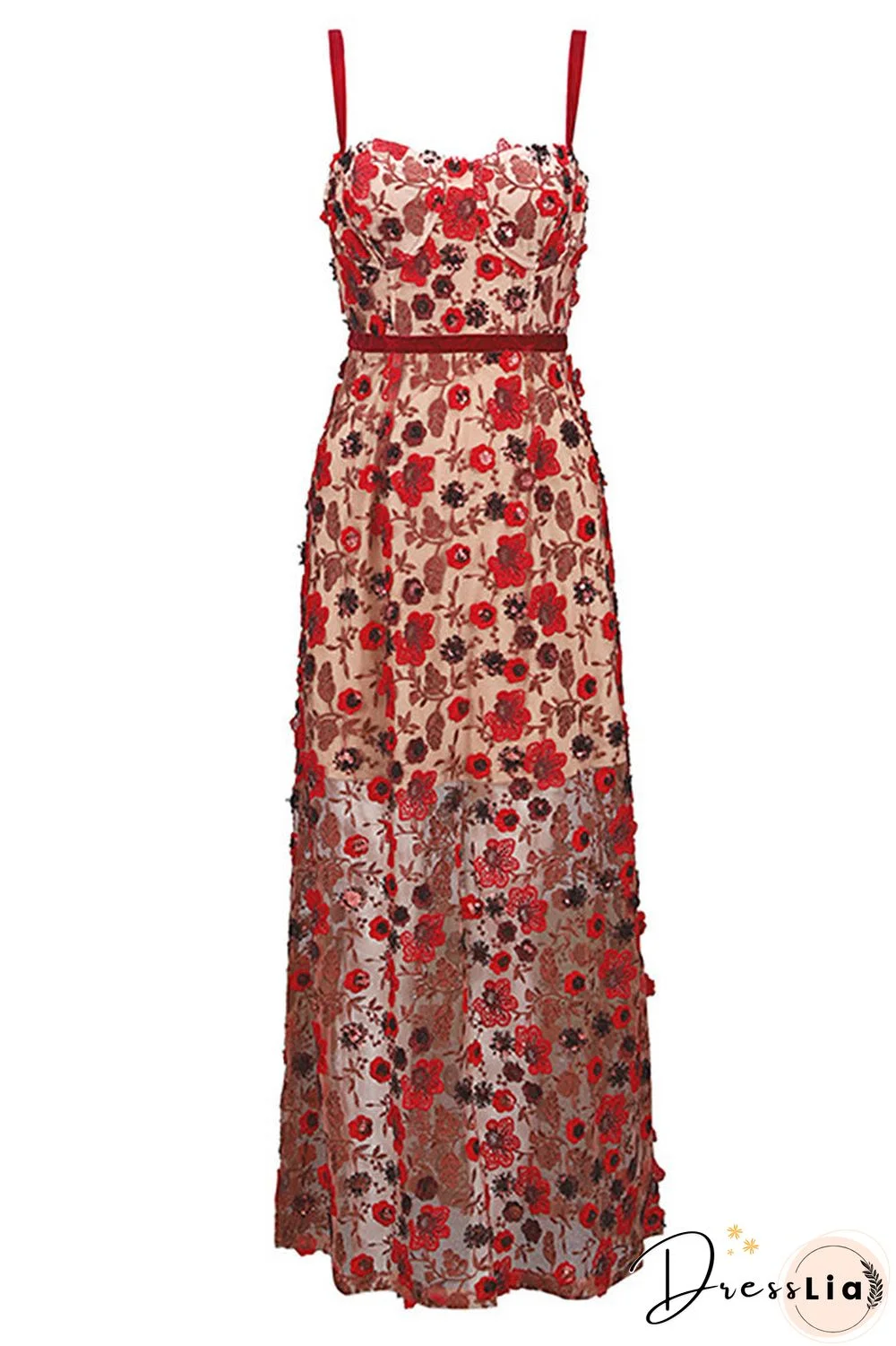 Red Applique See-through Maxi Dress