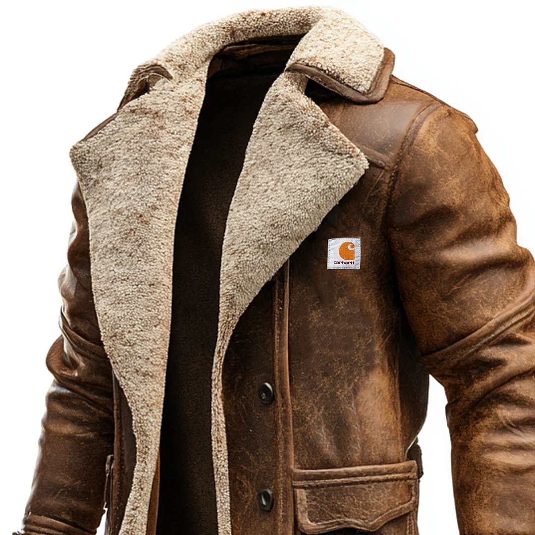 Men's Vintage Brown Leather Coat With Faux Fur Lining