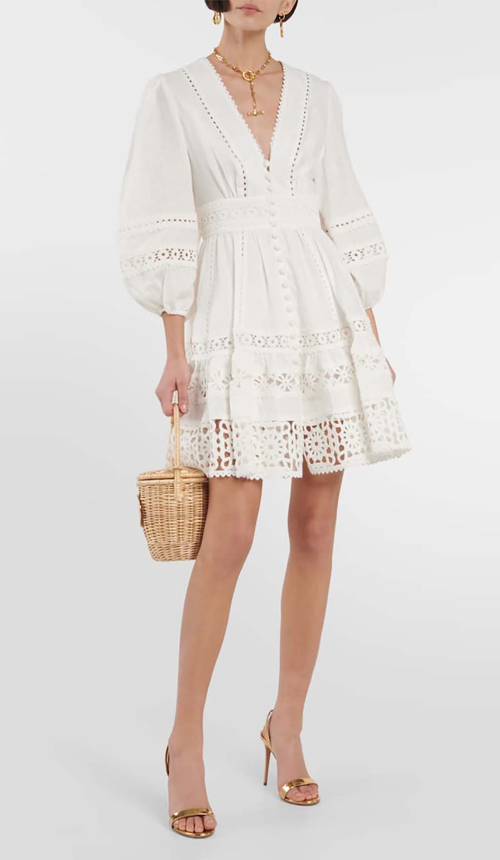 Plunging Neck Lace Mini Dress In White