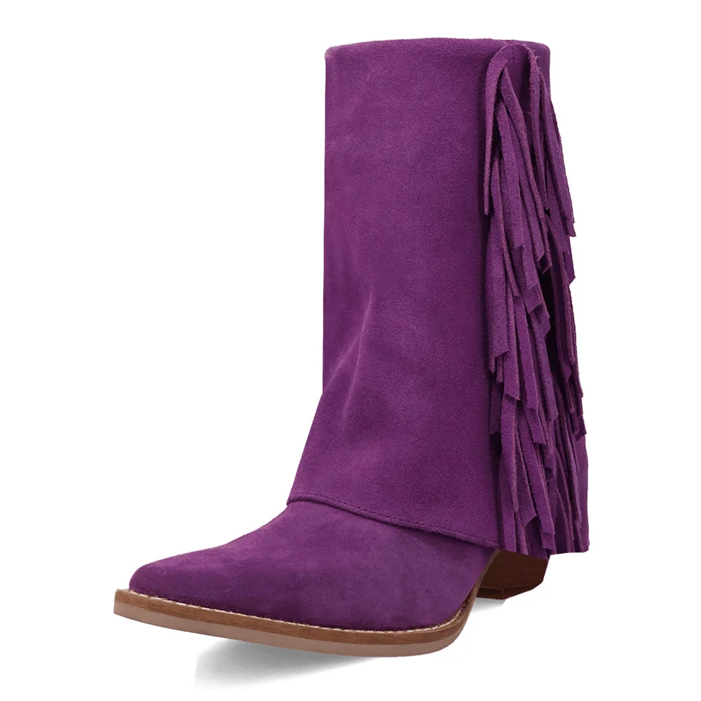 Chic Purple Fringe Almond Toe Fold Over Western Boots for Women