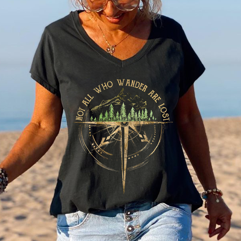 Not All Who Wander Are Lost Printed V-neck Oversize T-shirt