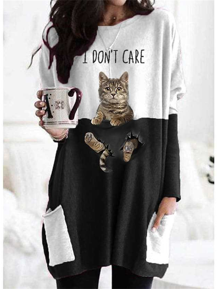 Women's Dresses with Pockets Long Sleeve 3D Digital Print Cat Pattern Black Pink Orange