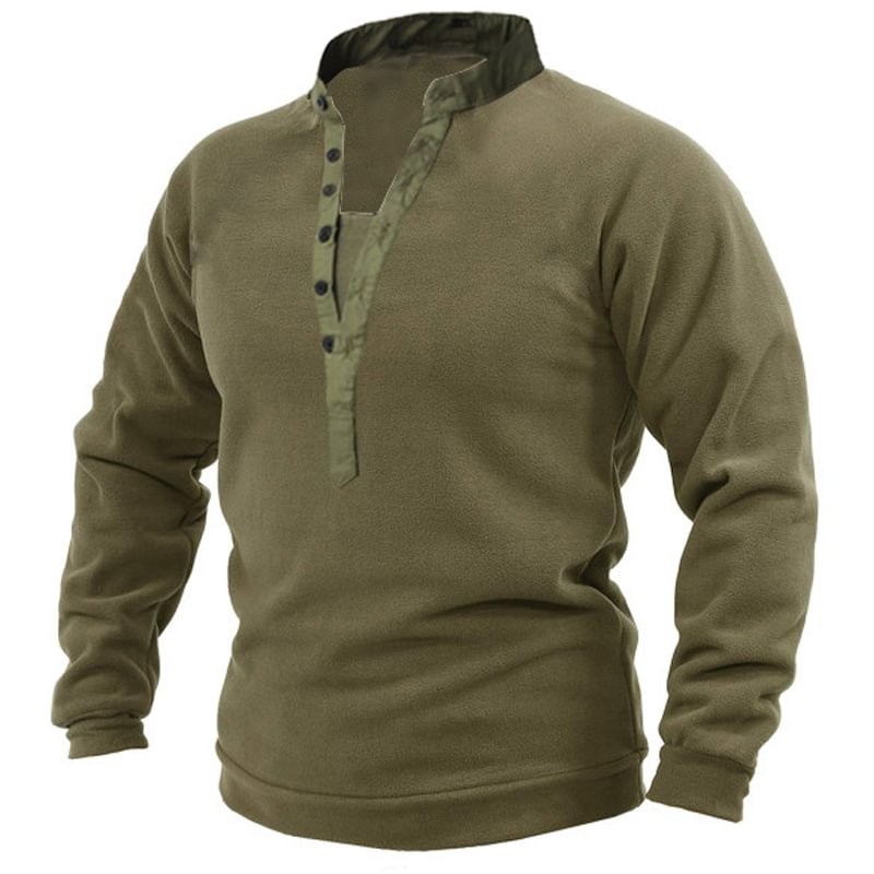 Mens Outdoor Warm And Breathable Henley Button  Sweater
