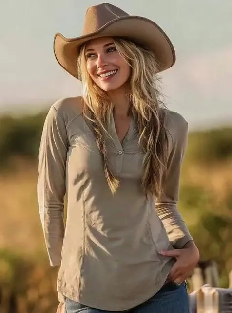 Women's Casual V-Neck Long Sleeve Solid Color T-Shirt 