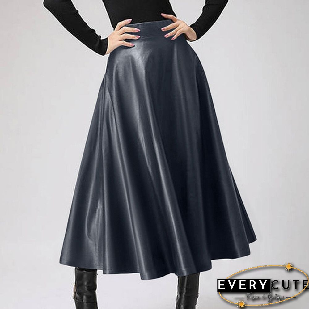 S- Women Faux Leather Vintage Maxi Long Skirts High Waist Pleated Big Swing Skirt Dress