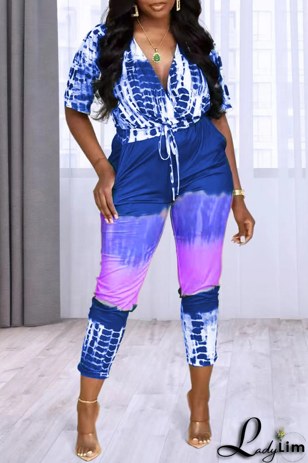 Orange Fashion Casual Print Split Joint V Neck Regular Jumpsuits