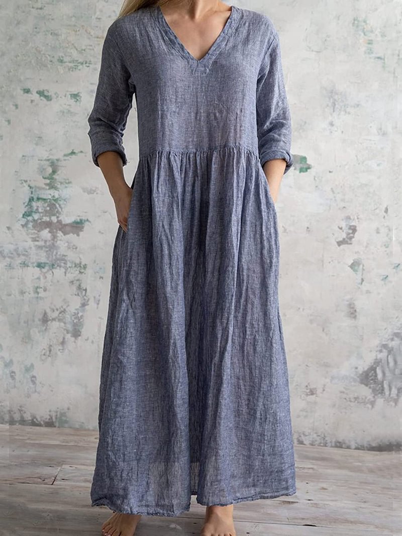 V-Neck Solid Color Linen Dress