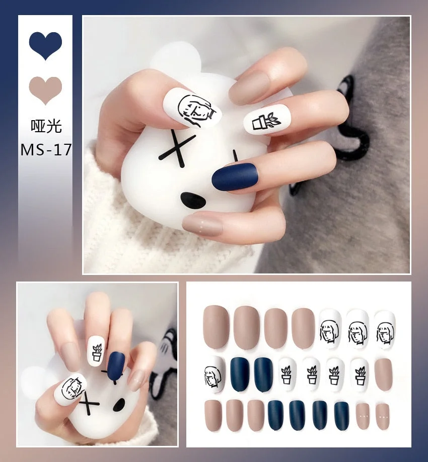 24pcs Matte False Nail Press On Nail With Glue Round Graffiti Fake Nail Manicure Nail Art Decoration  Nail Art Tools-Nail Inspo
