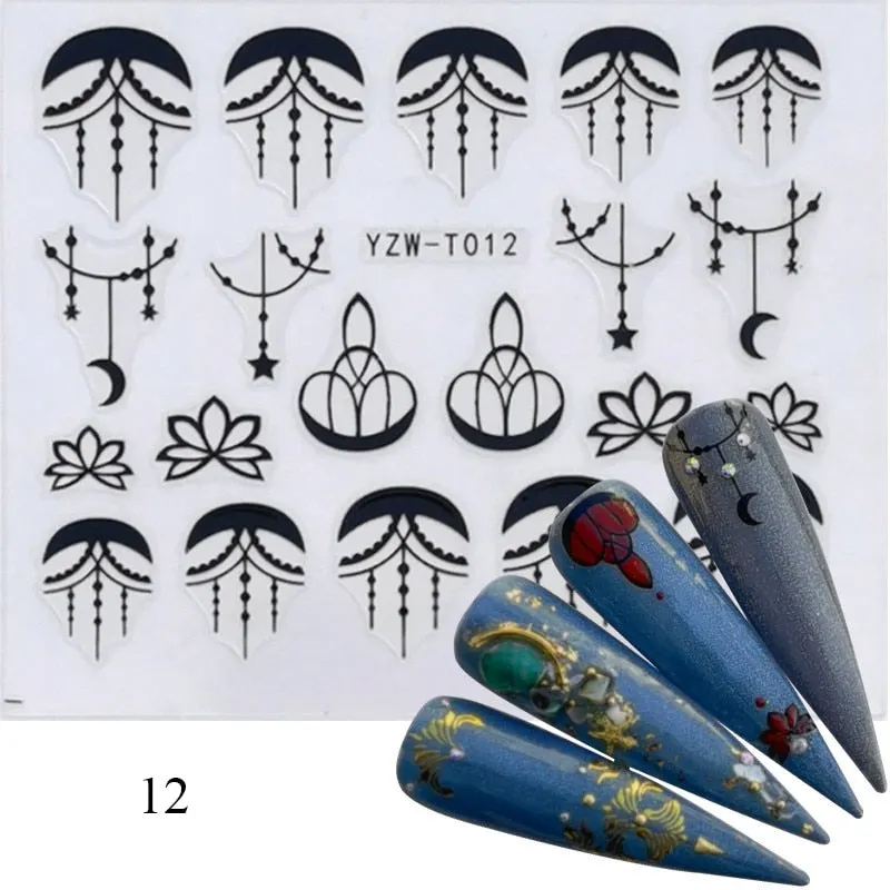 1 Sheet 3D Stickers For Nails Black Letter Leaf Flower Patterns Slider Nail Art Manicure Adhesive Tips Decals DIY Decorations-Nail Inspo