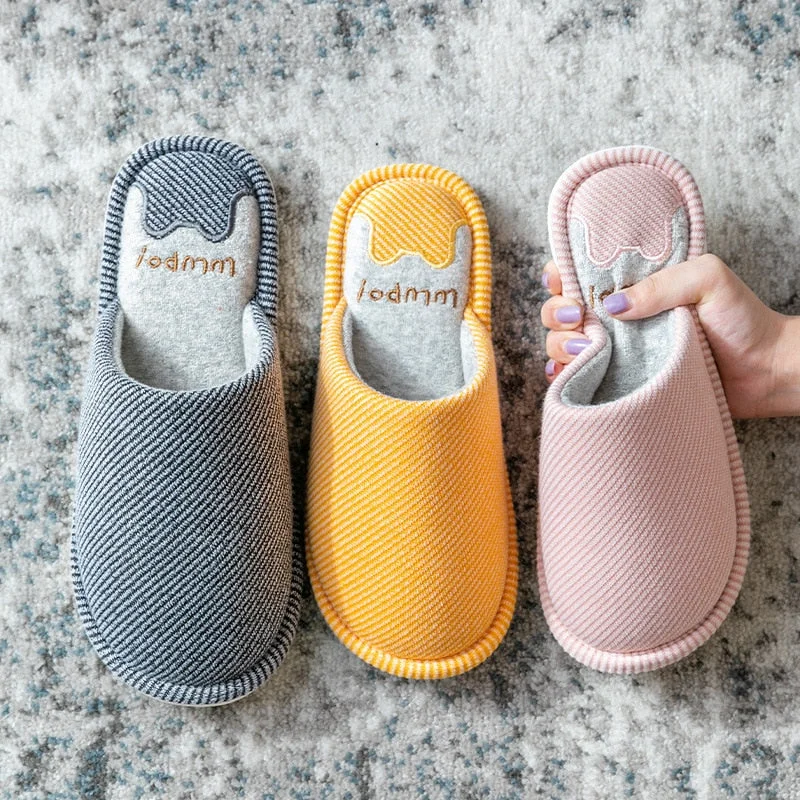 Men And Women Couple Spring Autumn Home Cotton Fabric Slippers Female Stripe Pattern Cute Indoor Non-Slip Soft Plush Slipper