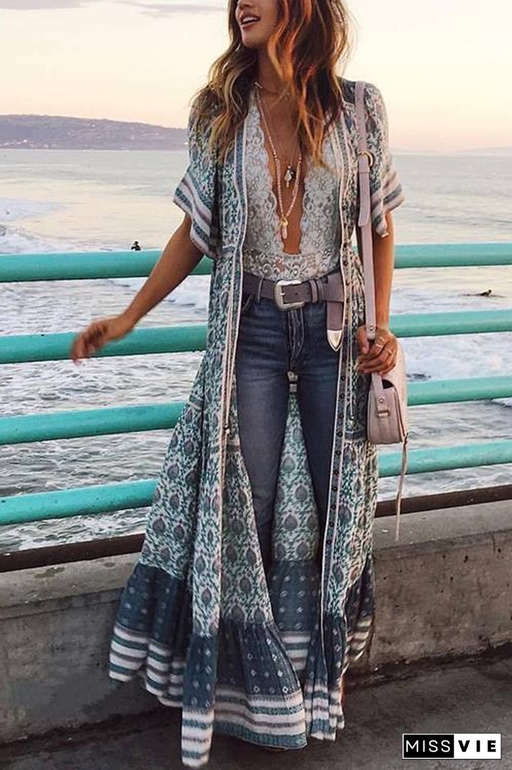 Print V Neck Short Sleeve Maxi Dress