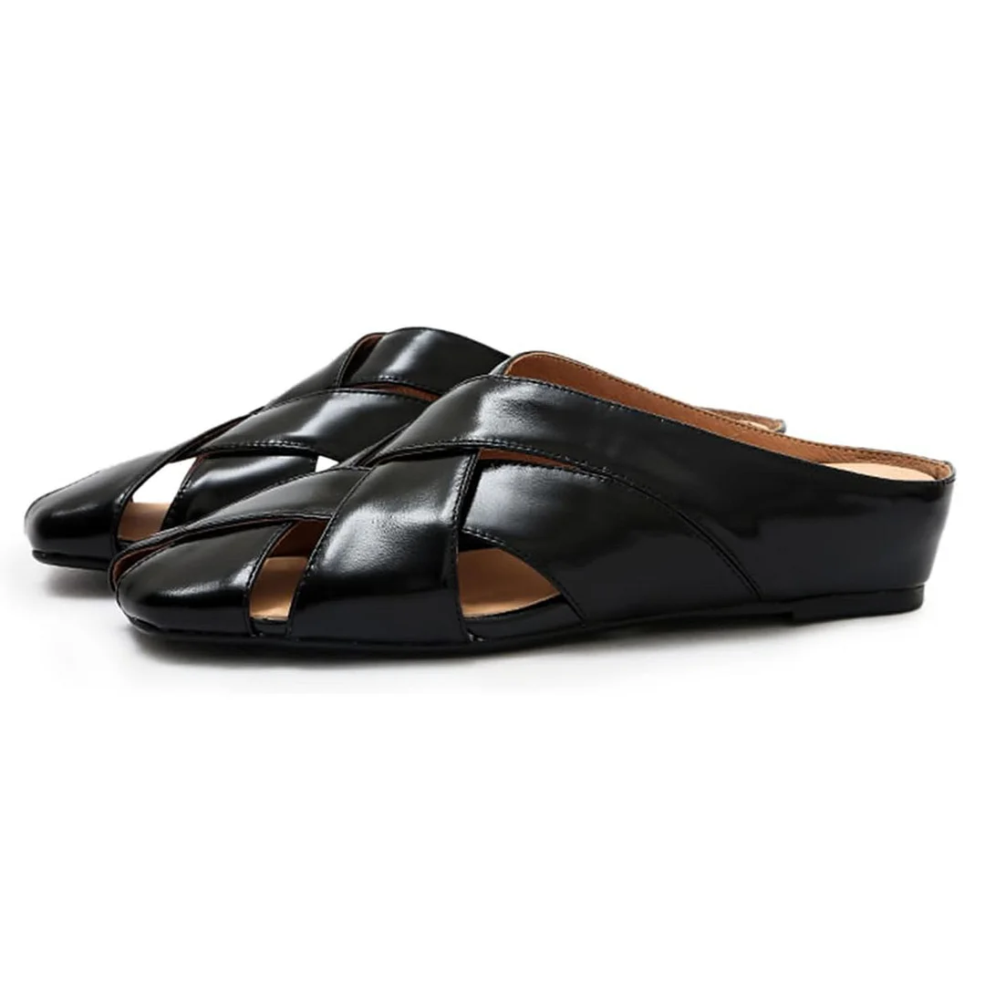 Black Vegan Leather Square Toe Woven Women's Flat Backless Mules