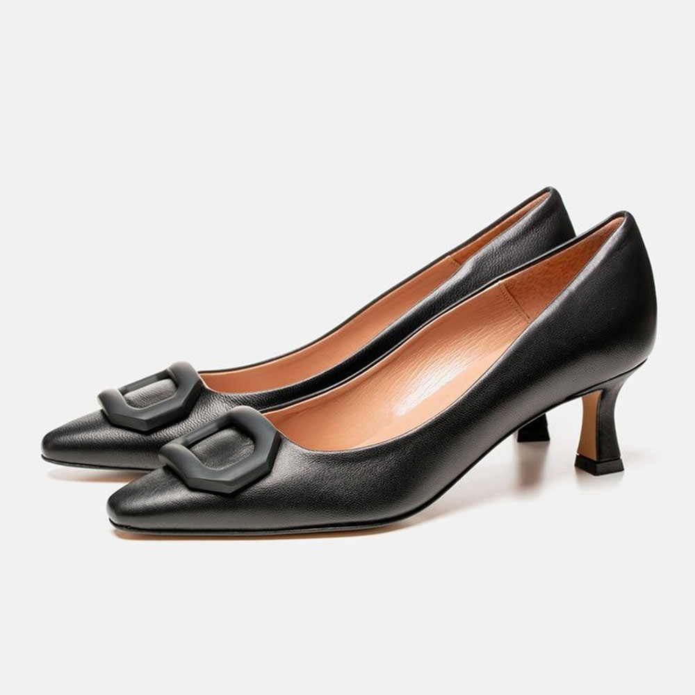 Classic Black Square Buckle Decor Kitten Heel Pumps for Women Nicepairs