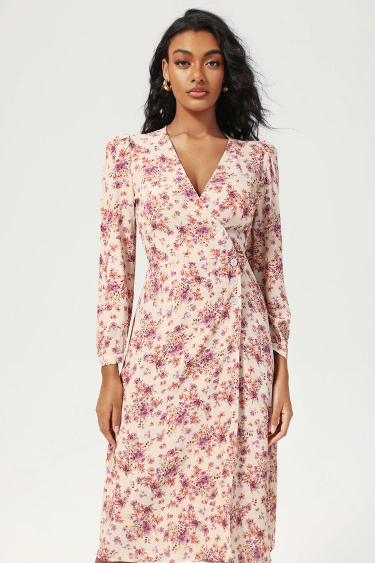 Floral Long Sleeve V-Neck Buttoned Lace Up Slit Midi Dress Purple