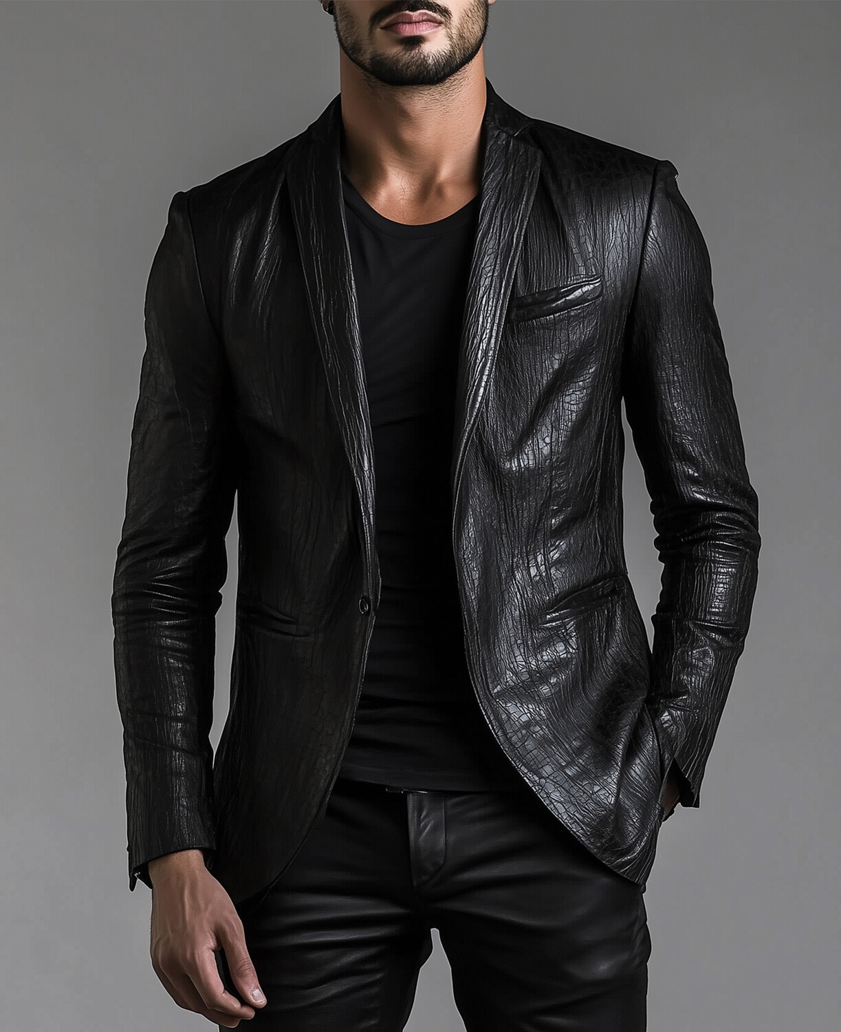 Okaywear Wrinkled PU Leather Notch Lapel Single Breasted Blazer