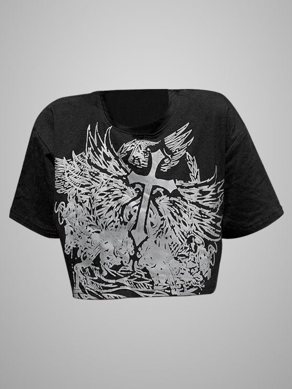 Dark Goth Casual Wings&cross Printed Oversize Short Sleeve Crew Collar Crop Top