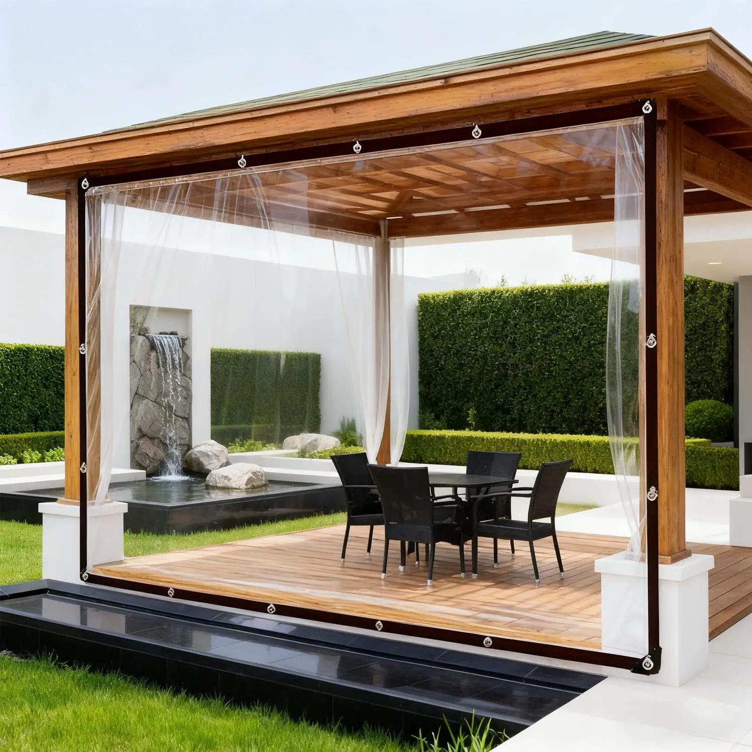 Clear tarp maintaining visibility around a covered outdoor area