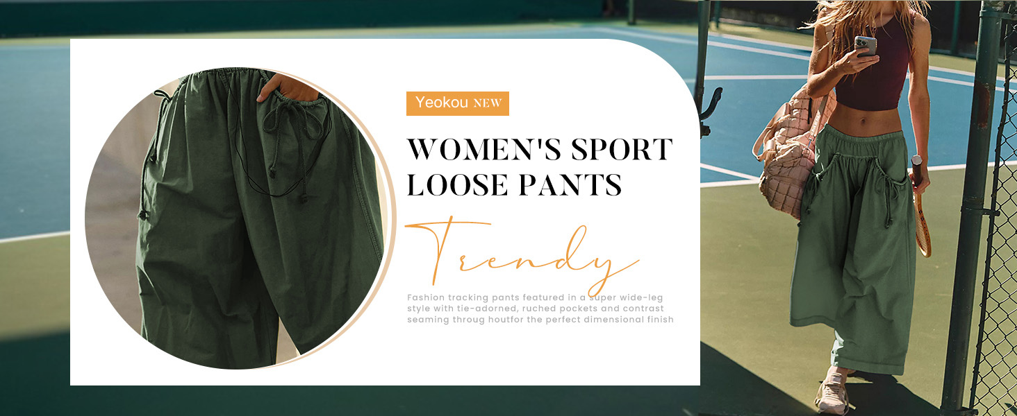 Women wearing black and green loose-fitting elastic track pants, highlighting elastic waist, tie knots, and pockets for casual and athletic looks.