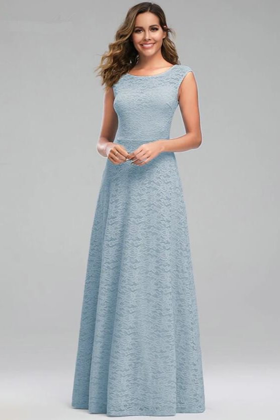 Blue Lace Sleeveless Prom Dresses Long Wedding Party Gowns Online - lulusllly