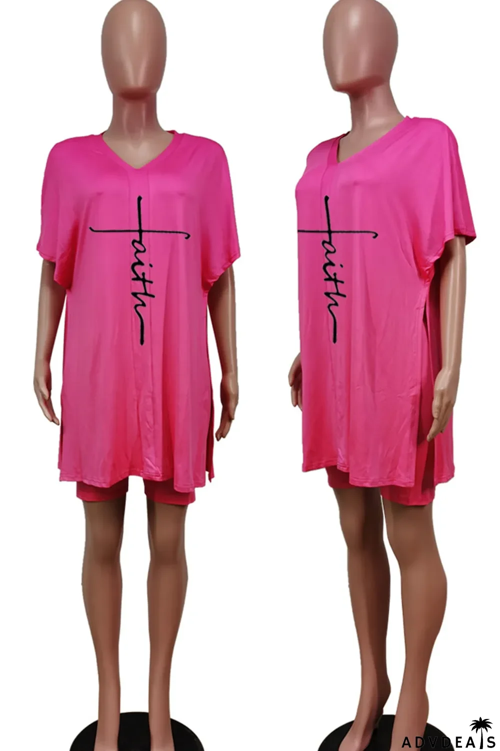 Tangerine Red Casual Print Split Joint V Neck Short Sleeve Two Pieces