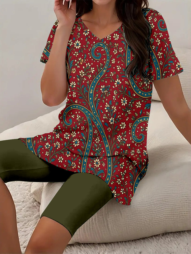 Women Long Sleeve V-neck Graphic Floral Printed Top