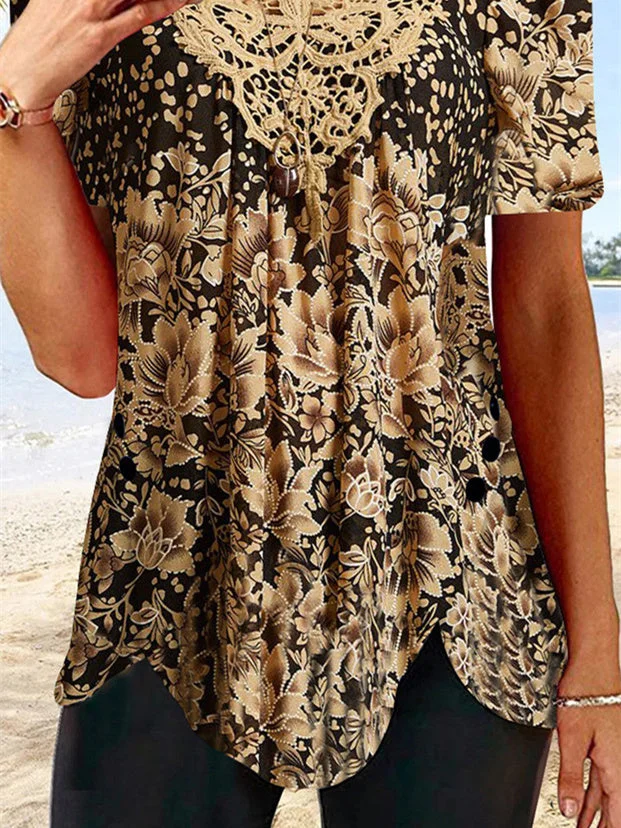 Women's Gold Scoop Neck Short Sleeve Printed Top