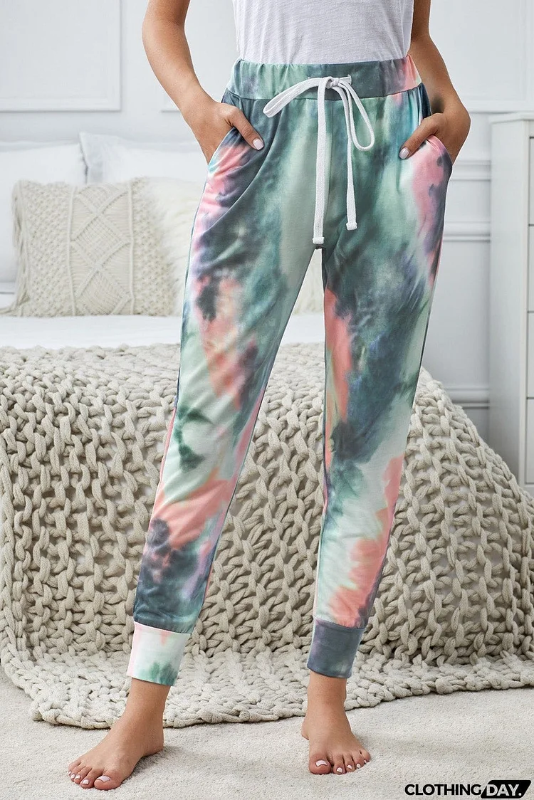 Dark Blue Tie-dye Color Block Drawstring Pants